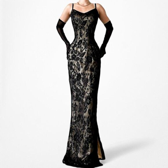 Vintage Brown Black Beaded Side Slit Bodycon Maxi Formal Prom Dress Size L - Picture 3 of 7